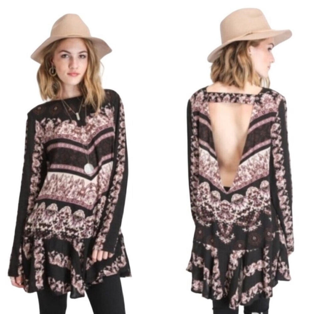 Free People Smooth Talker Open Back Flounce Hem Black Purple Tunic Dress Size XS